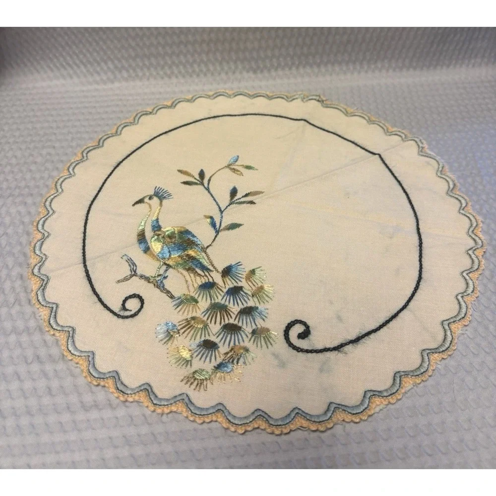 Vintage 12 in Linen Doily Blue Green Embroidered Peacock Handmade 1930-1950